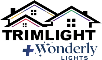 Logo featuring two outlined house roofs with colored trim above the words Trimlight + Wonderly Lights, with stars accenting the Wonderly text—perfect for showcasing installation or holiday lighting services.