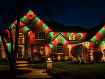 10 A large brick house at night is decorated with red and green Christmas lights along the roof and windows, with trees and bushes illuminated in the yard.