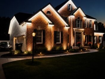3 A two-story brick house is illuminated by outdoor lights along the roofline and ground, set against a dark evening sky. A lamp post and well-kept lawn are in front of the house.