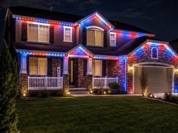 4 A two-story house at night is decorated with red, white, and blue lights along the roofline, with a well-manicured lawn and lit pathway in front under a partly cloudy sky.