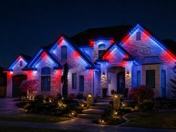 6 A large house illuminated at night with red, white, and blue lights outlining the roof, creating a festive and patriotic appearance. The landscaping is also softly lit, and the sky is dark.