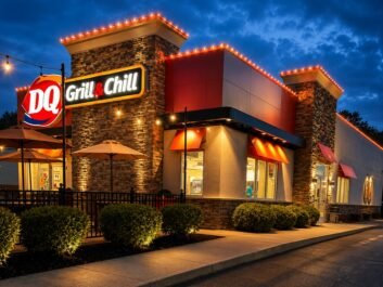 7 A brightly lit Dairy Queen Grill & Chill restaurant at dusk, with a patio, umbrellas, and a glowing sign. The sky is dark blue, and the building is outlined with string lights.