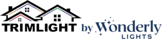 Logo with two outlined houses featuring colored rooflines, the word TRIMLIGHT in bold black letters, and the text by Wonderly Lights in elegant blue font with star-like sparkles—highlighting Permanent Lighting in New Franklin.